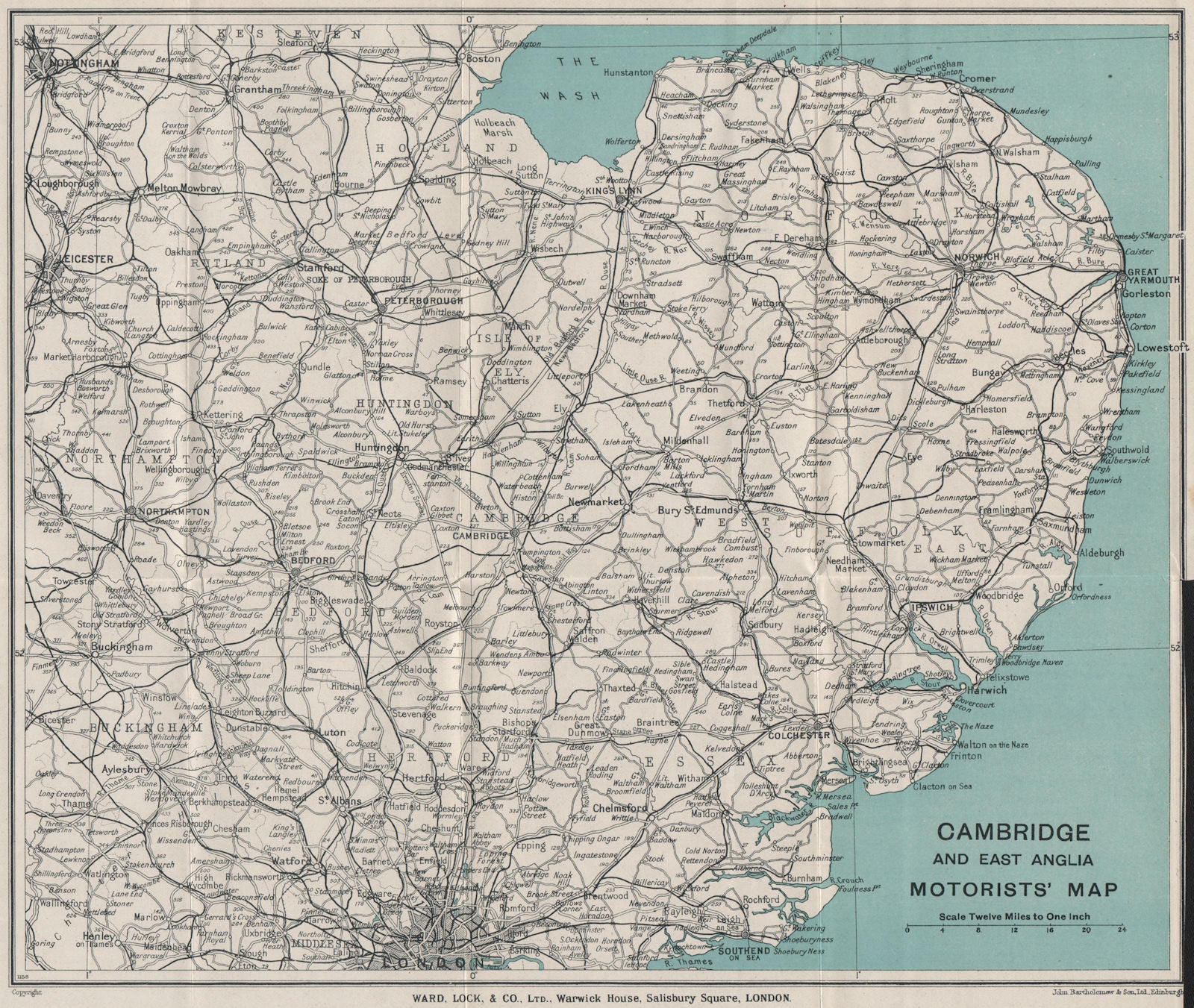CAMBRIDGE AND EAST ANGLIA MOTORISTS' MAP. Cambridgeshire. WARD LOCK 1928